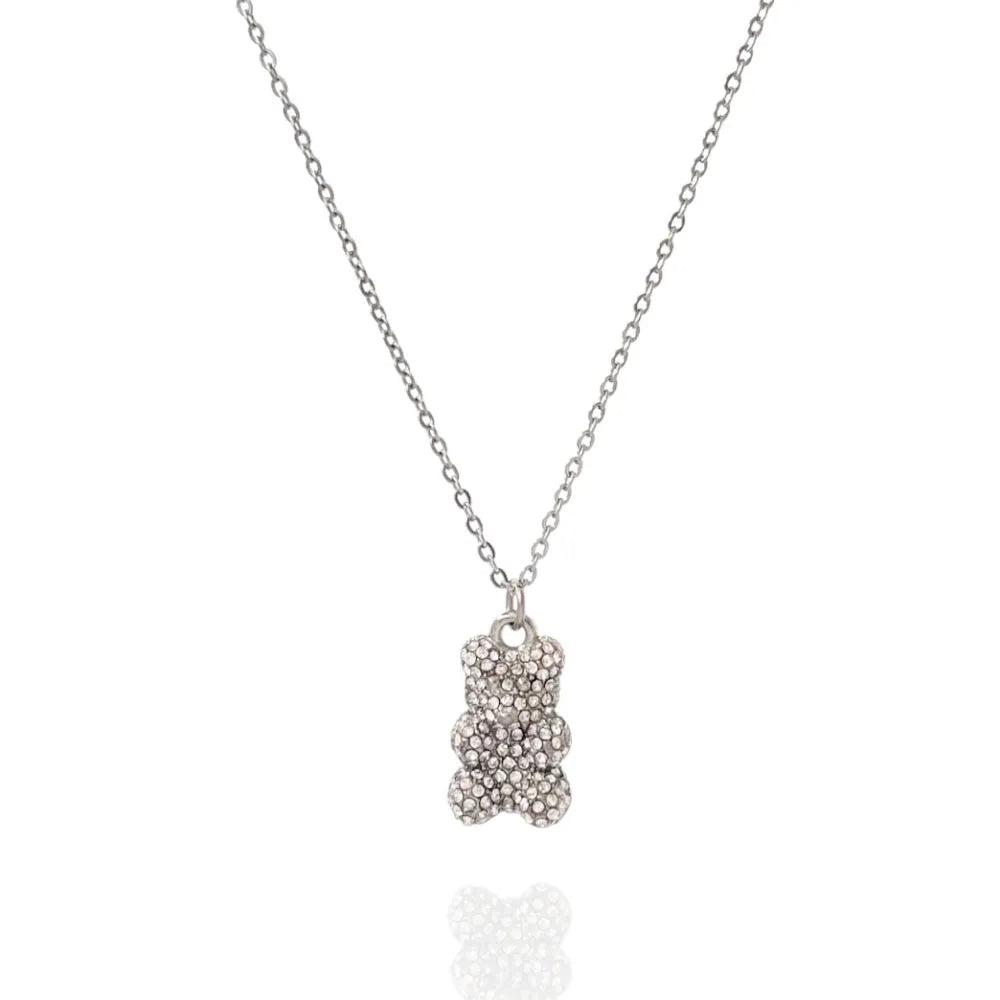 CAC-103-AA3498N Orsetto con Strass-Collana Girocollo in Acciaio