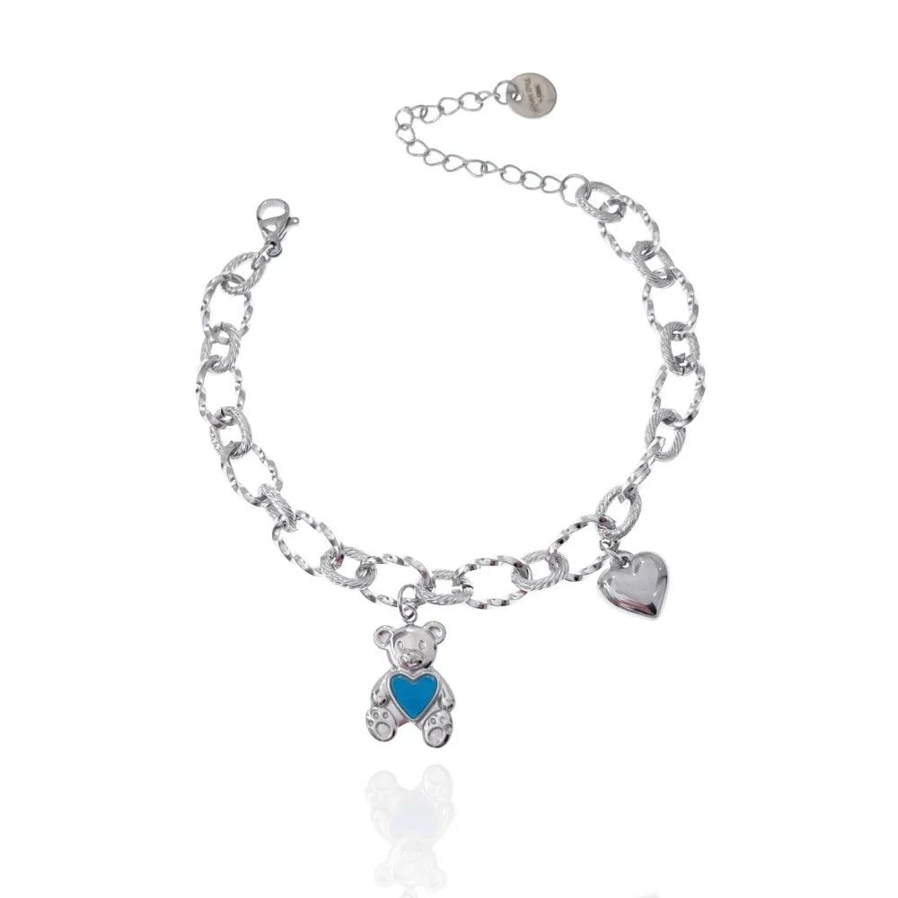 BAC-413-1919 Orsetto con Cuore Smaltato-Bracciale in Acciaio