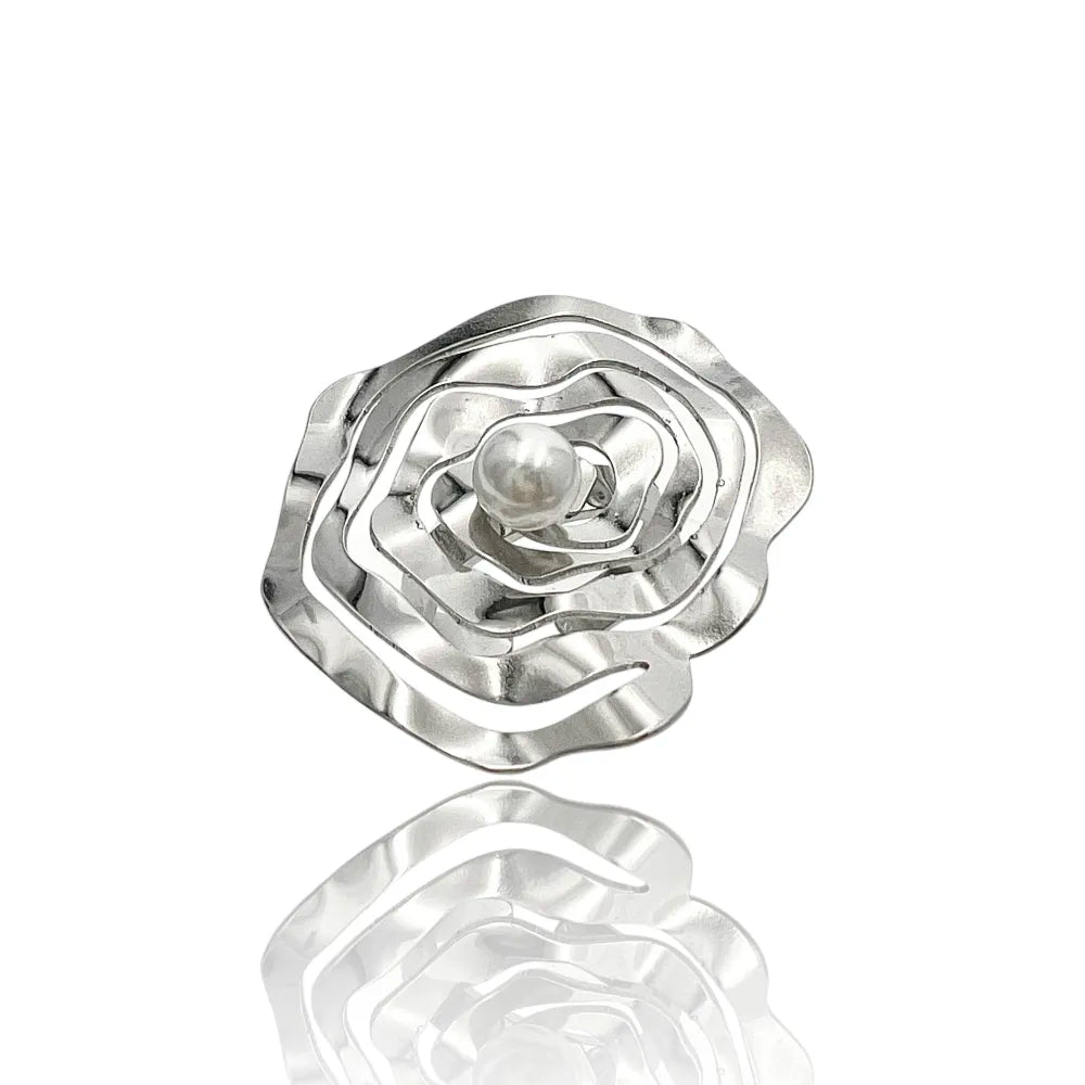 AAR-759-06 Fiore Grande con Perla-Anello Regolabile in Acciaio