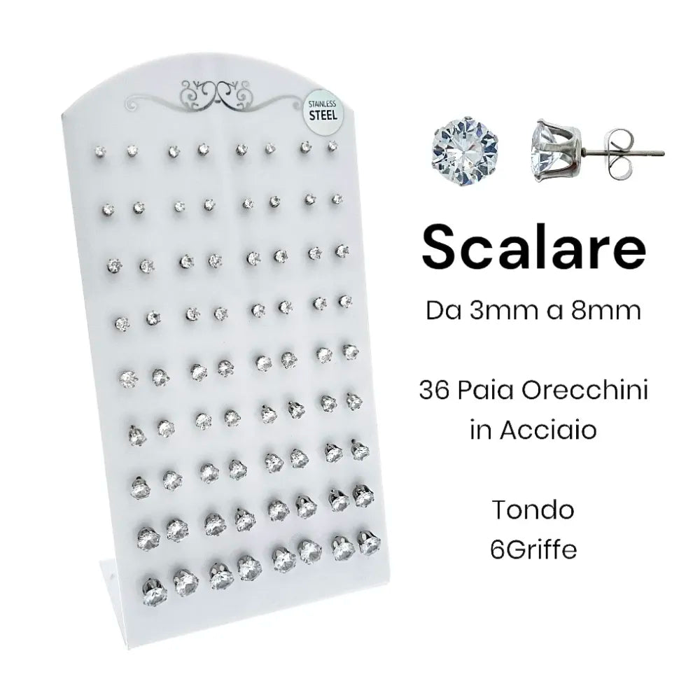 OPA-107-86-131-182 3mm-8mm Punto Luce Tondo Scalare 3mm-8mm 6Griffe-36Paia Orecchini in Acciaio