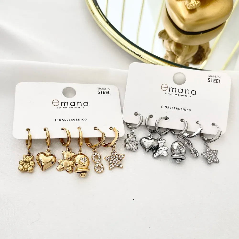 OPA-103-AA3330E Orsetto Cuore Stella - Set 6pz Orecchini in Acciaio