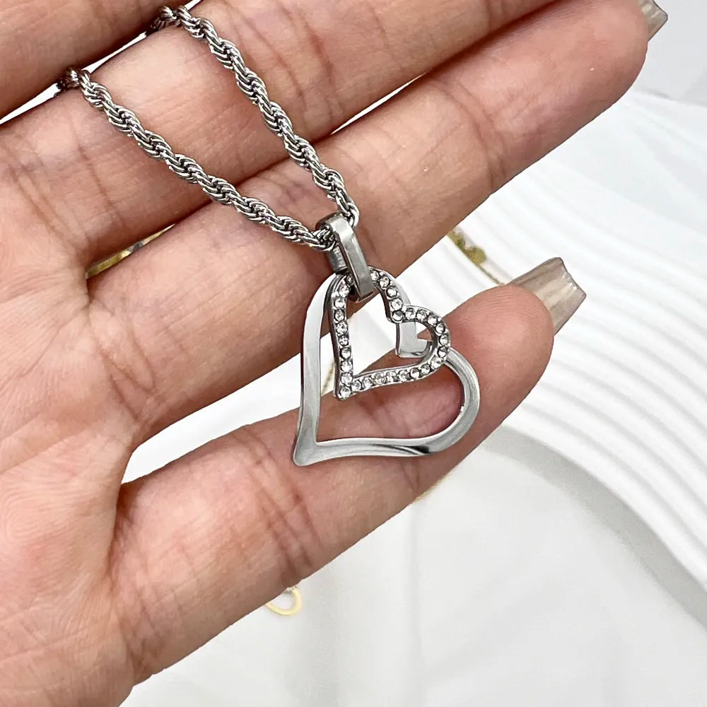 CAC-103-AA4168N Doppio Cuore -Collana Girocollo in Acciaio