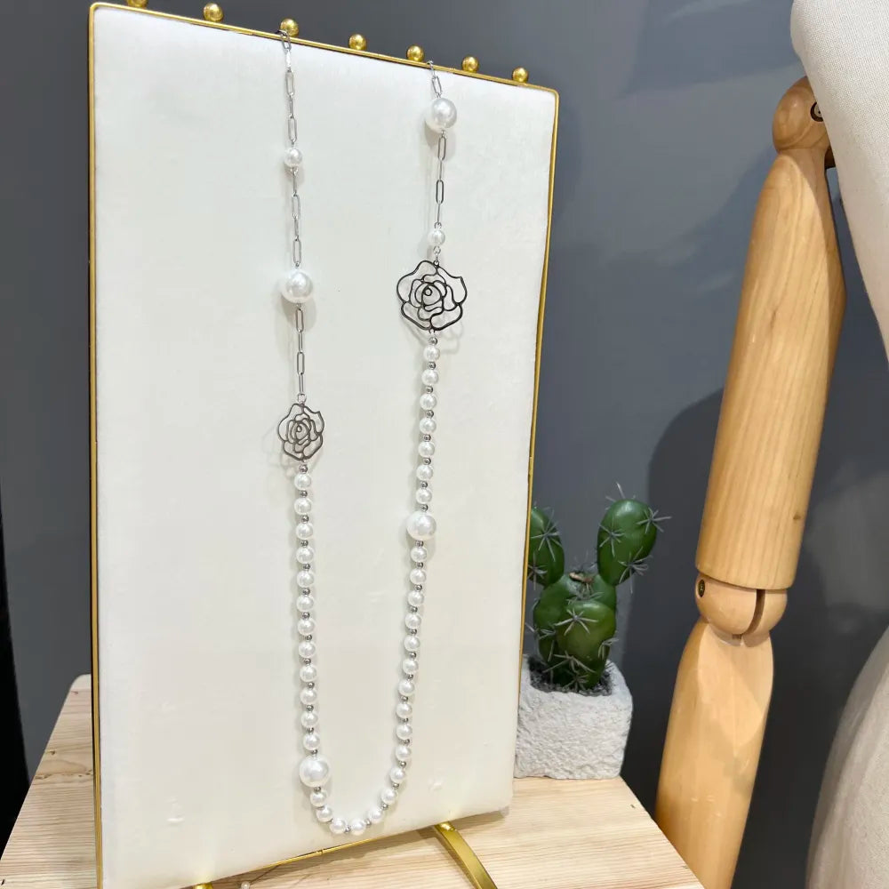 CAL-759-31 Perla con Fiore-Collana Lunga  in Acciaio