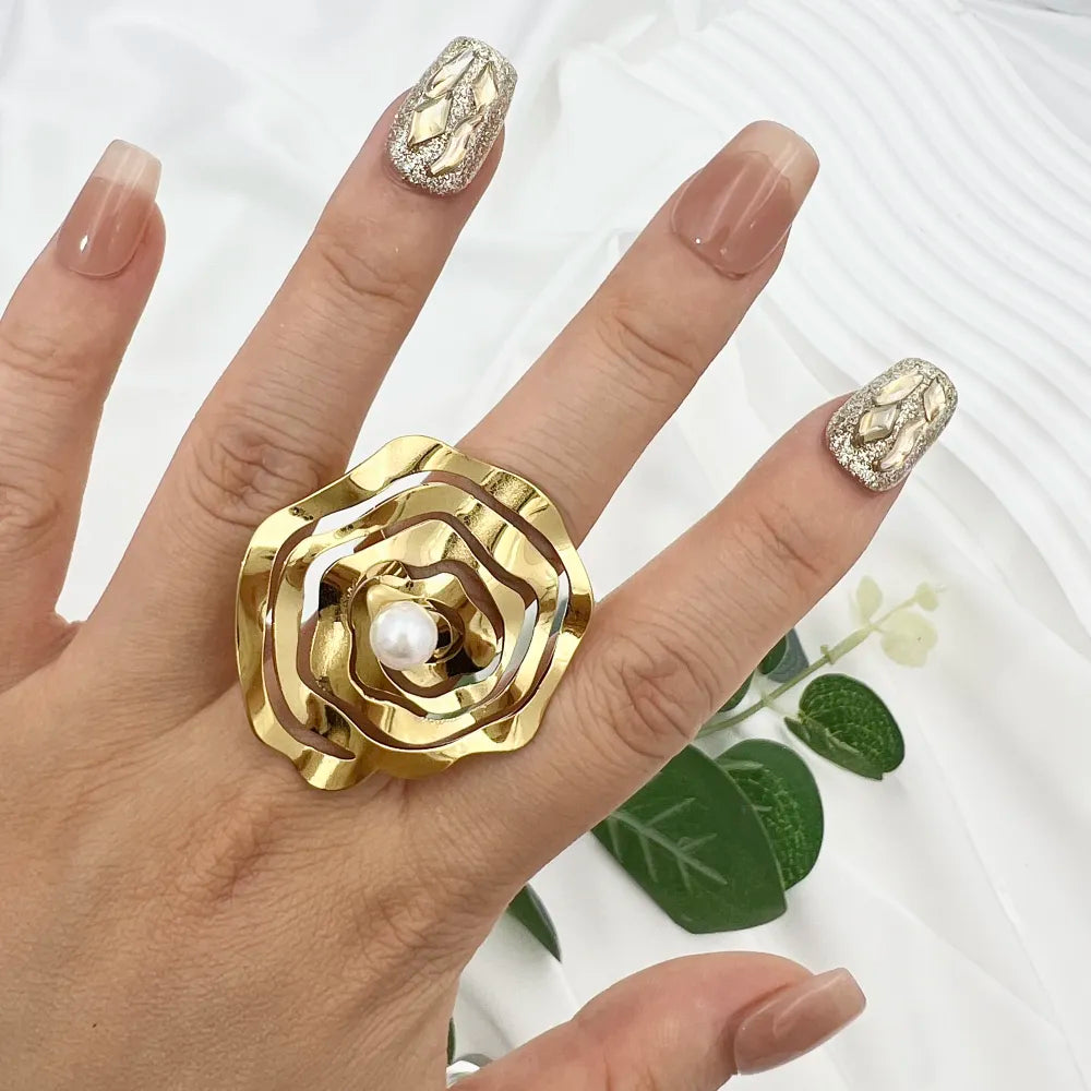 AAR-759-06 Fiore Grande con Perla-Anello Regolabile in Acciaio