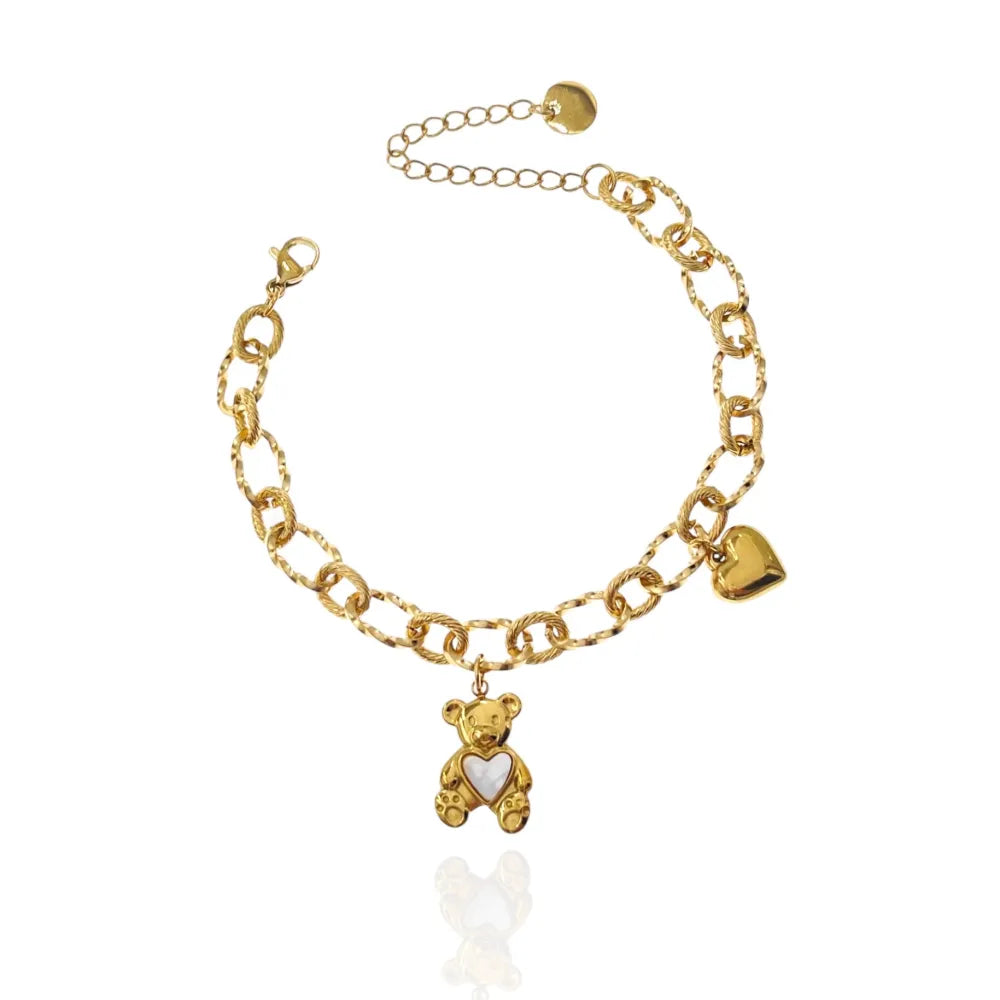 BAC-413-1919 Orsetto con Cuore Smaltato-Bracciale in Acciaio