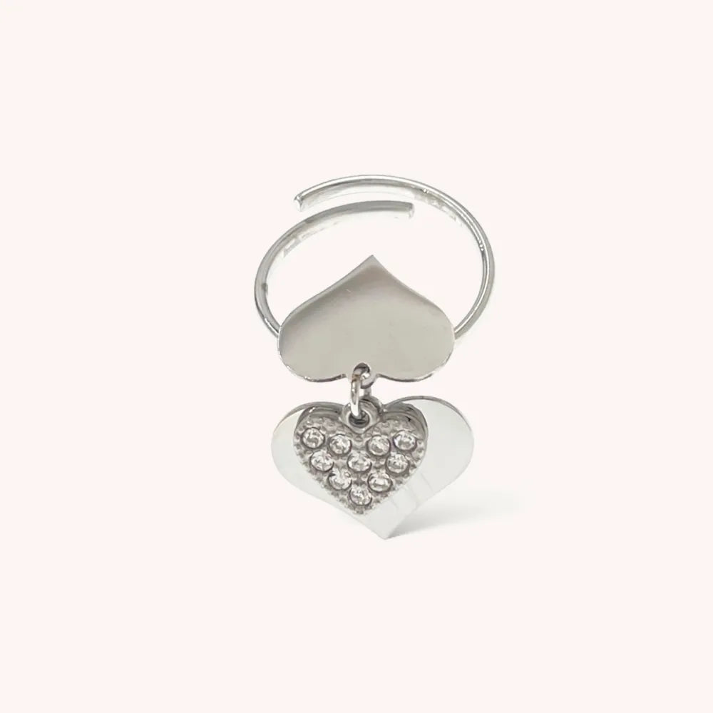AAR-103-AA4553R Tre Cuori Pendenti con Strass-Anello Regolabile in Acciaio
