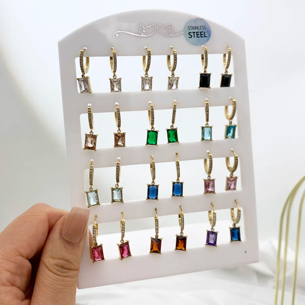 OPA-103-AA3889E Cerchio con Zirconia con Punto Luce Rettangolare-12Paia Orecchini in Acciaio