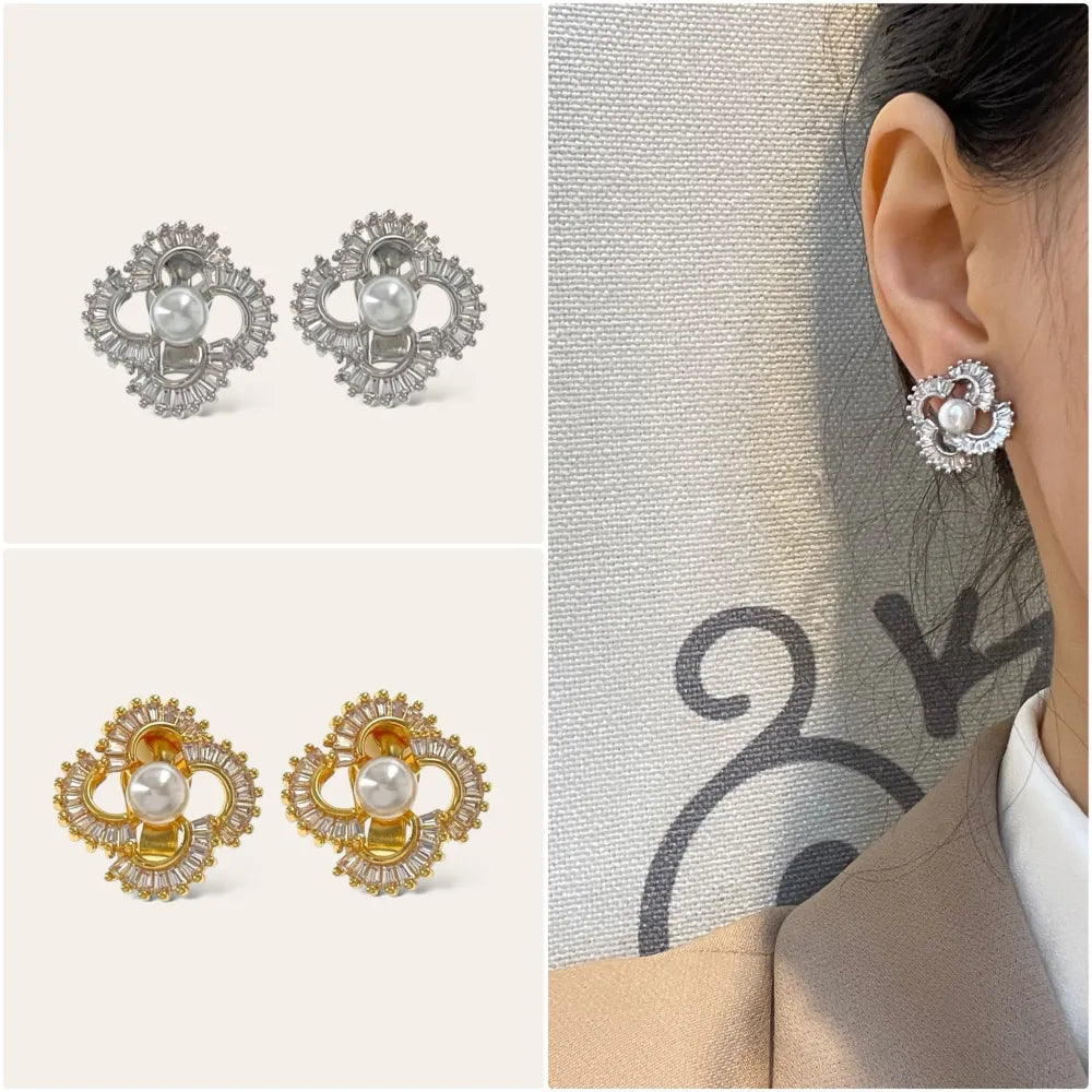 OMK-493-38 Fiore con perla-Orecchini a Clip con Zirconia