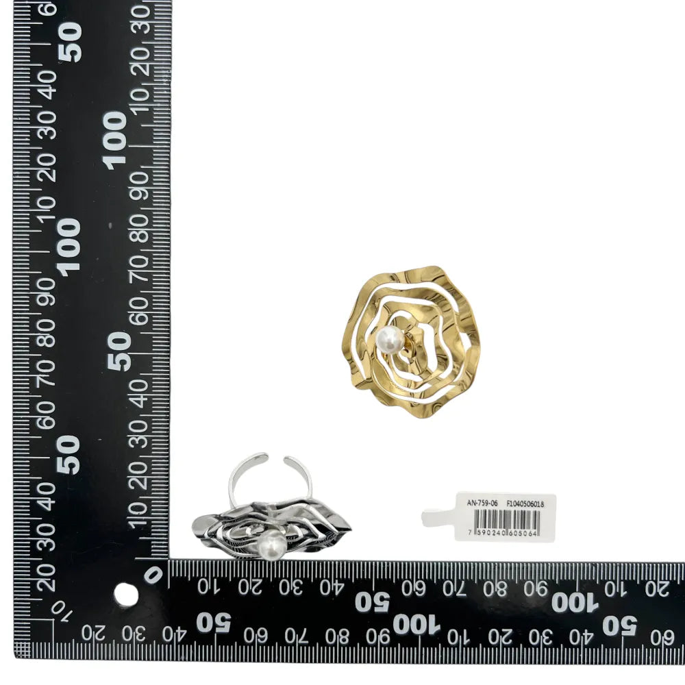 AAR-759-06 Fiore Grande con Perla-Anello Regolabile in Acciaio