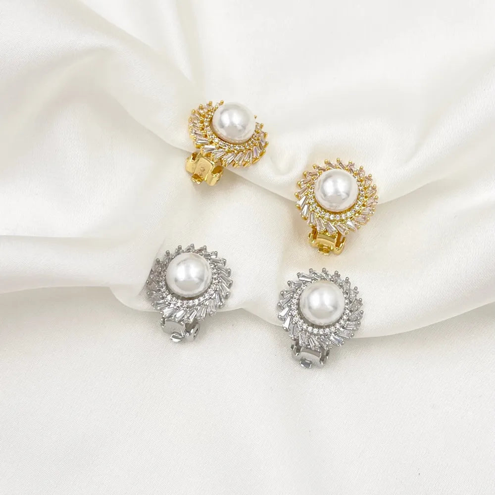 OMK-493-35 Cerchio con perla-Orecchini a Clip con Zirconia