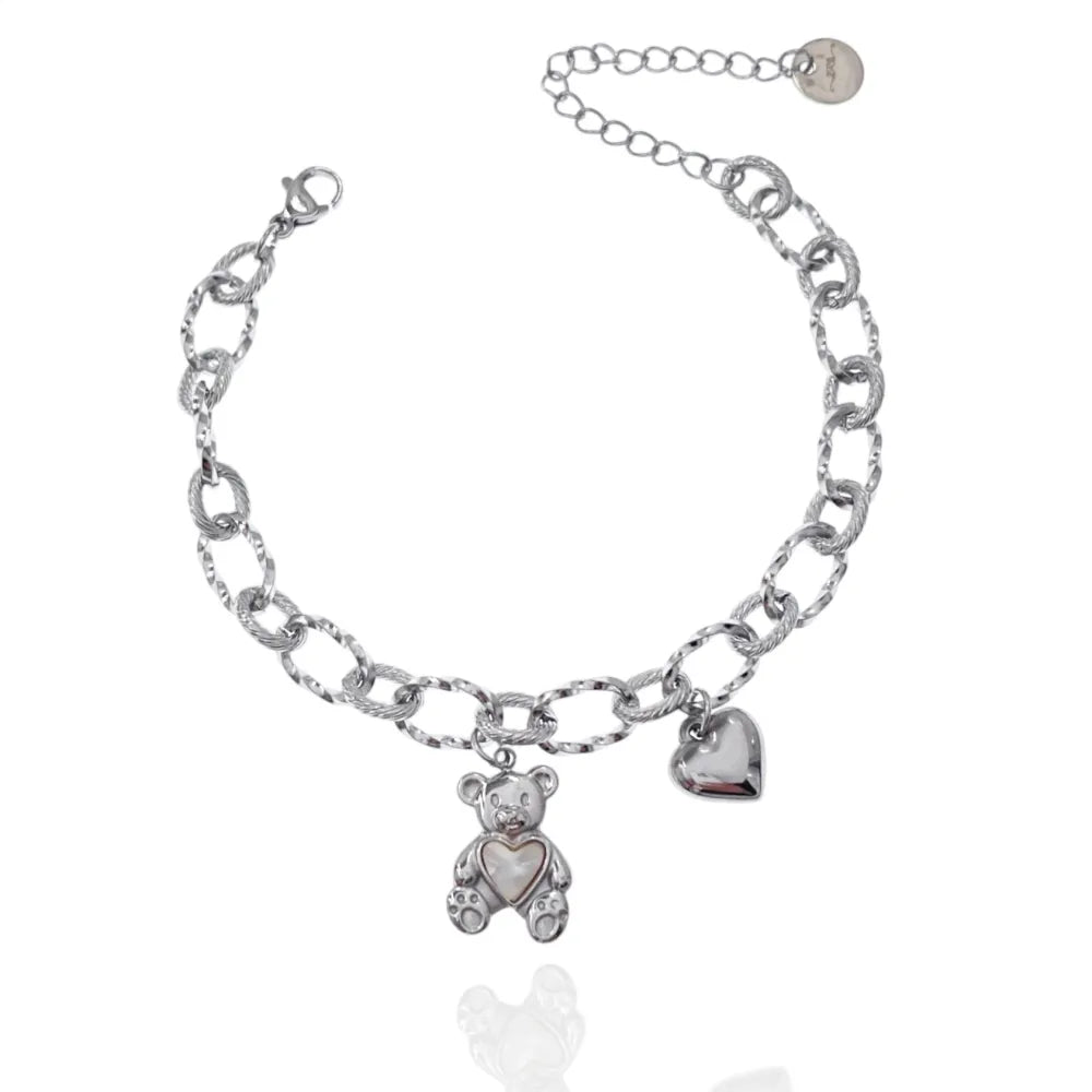 BAC-413-1919 Orsetto con Cuore Smaltato-Bracciale in Acciaio