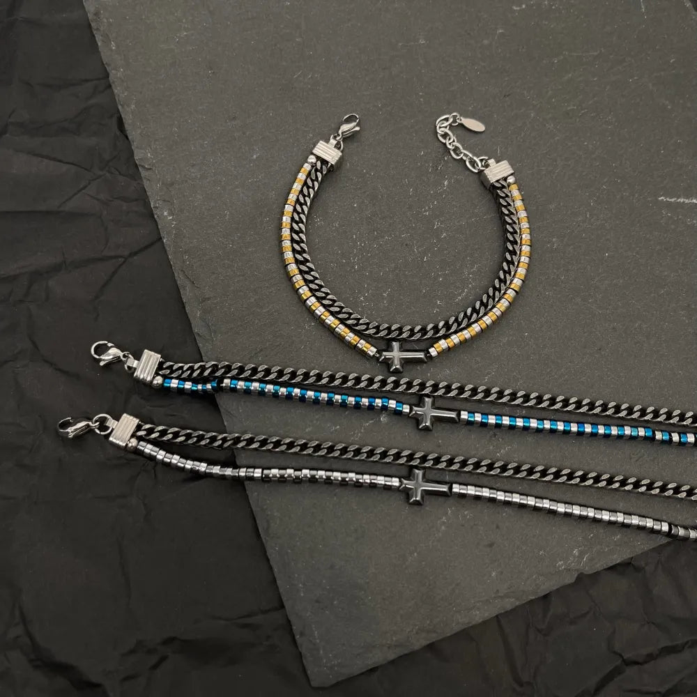 BAU-500-BMS30138 Doppio Catena e Croce-Bracciale in Acciaio da Uomo