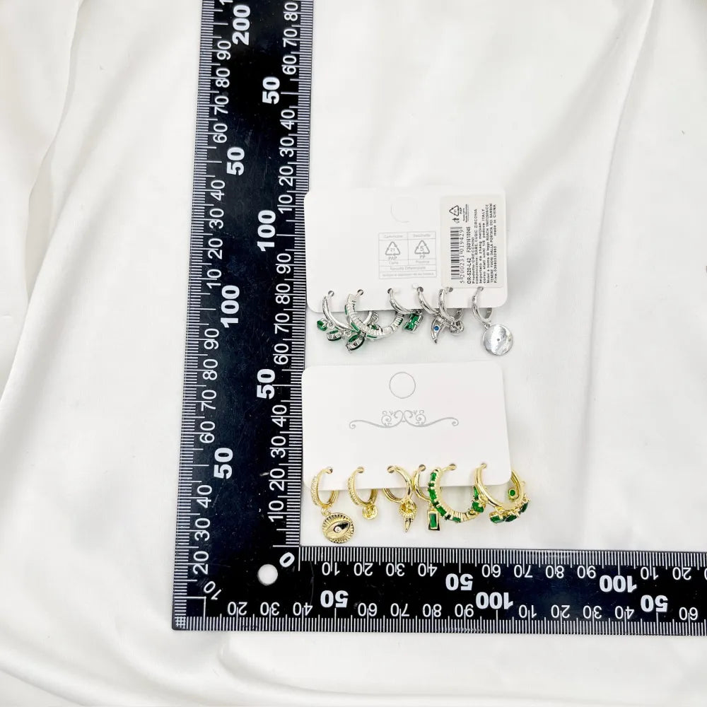 OPM-520-L42 Verde Occhio Cornino-Set Orecchini 6 Pz con Zirconia