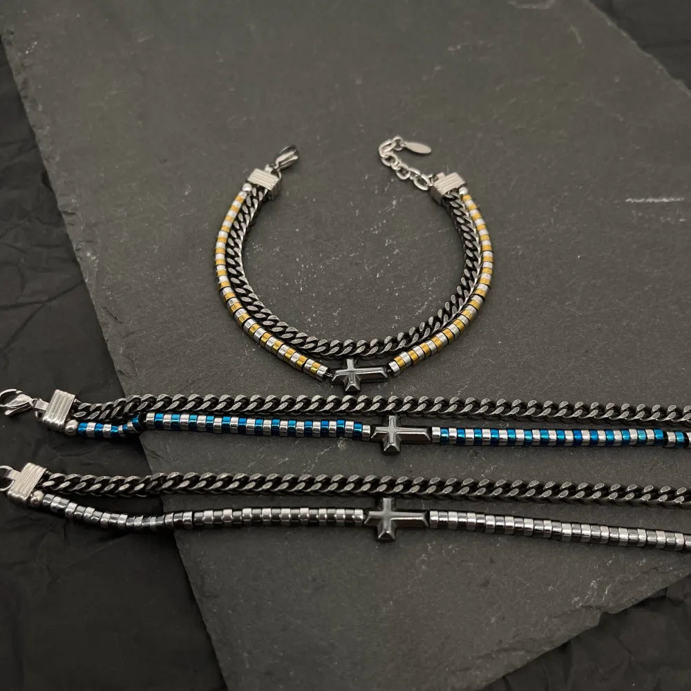 BAU-500-BMS30138 Doppio Catena e Croce-Bracciale in Acciaio da Uomo