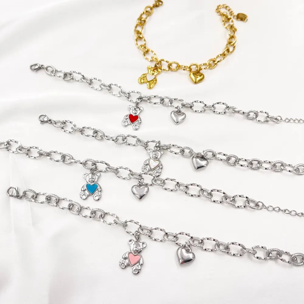 BAC-413-1919 Orsetto con Cuore Smaltato-Bracciale in Acciaio