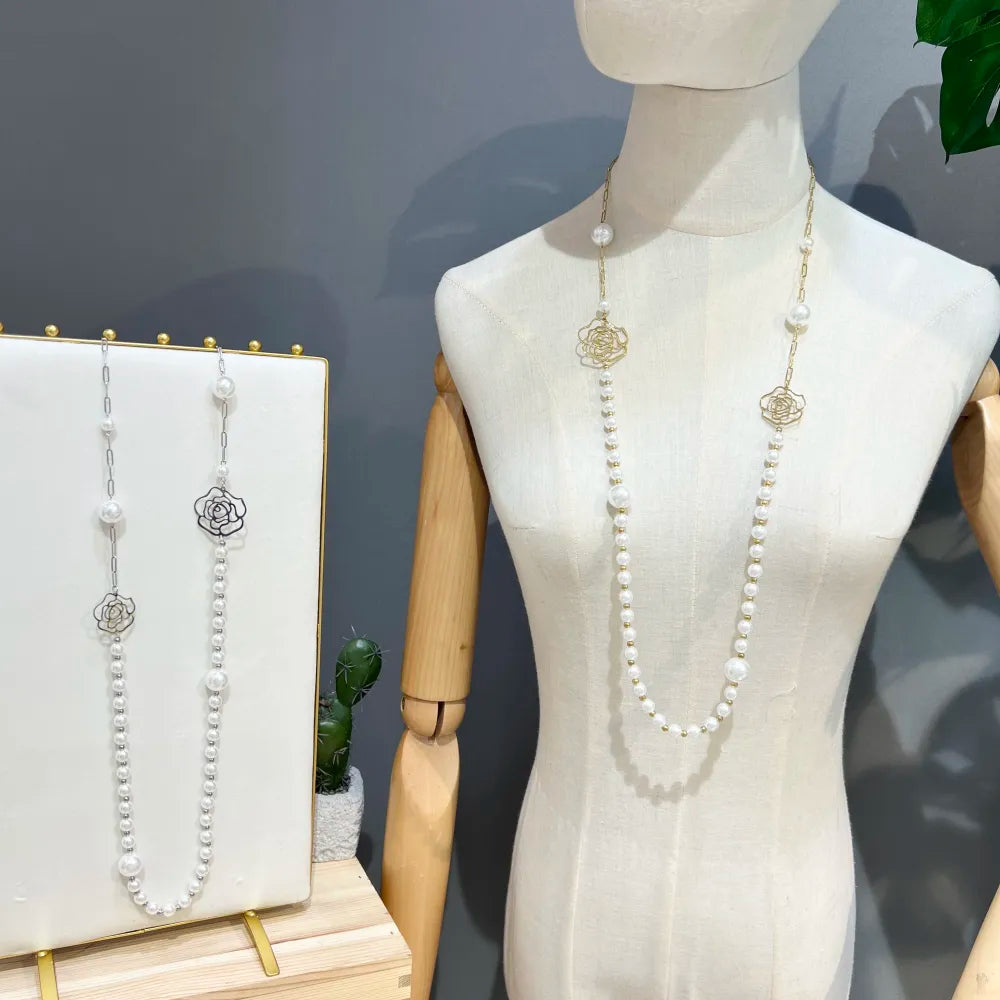 CAL-759-31 Perla con Fiore-Collana Lunga  in Acciaio