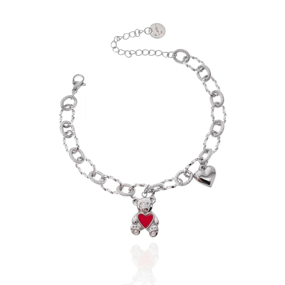 BAC-413-1919 Orsetto con Cuore Smaltato-Bracciale in Acciaio