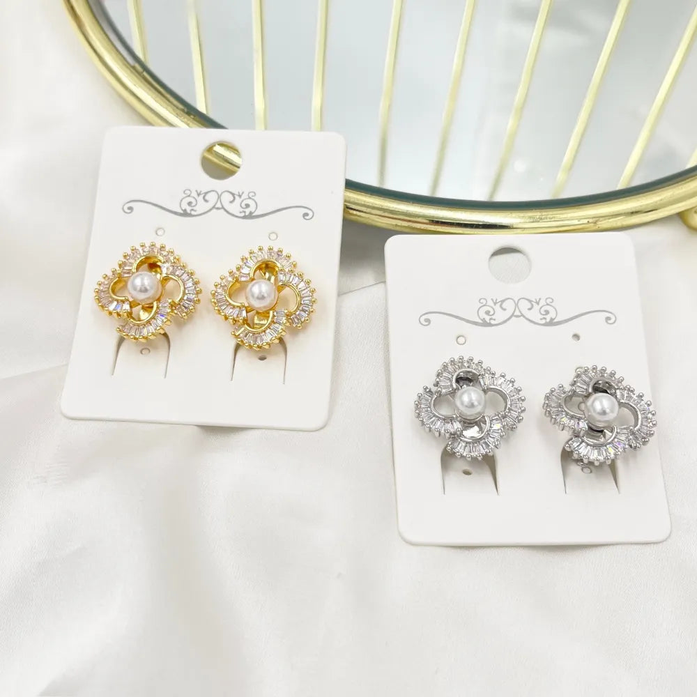 OMK-493-38 Fiore con perla-Orecchini a Clip con Zirconia