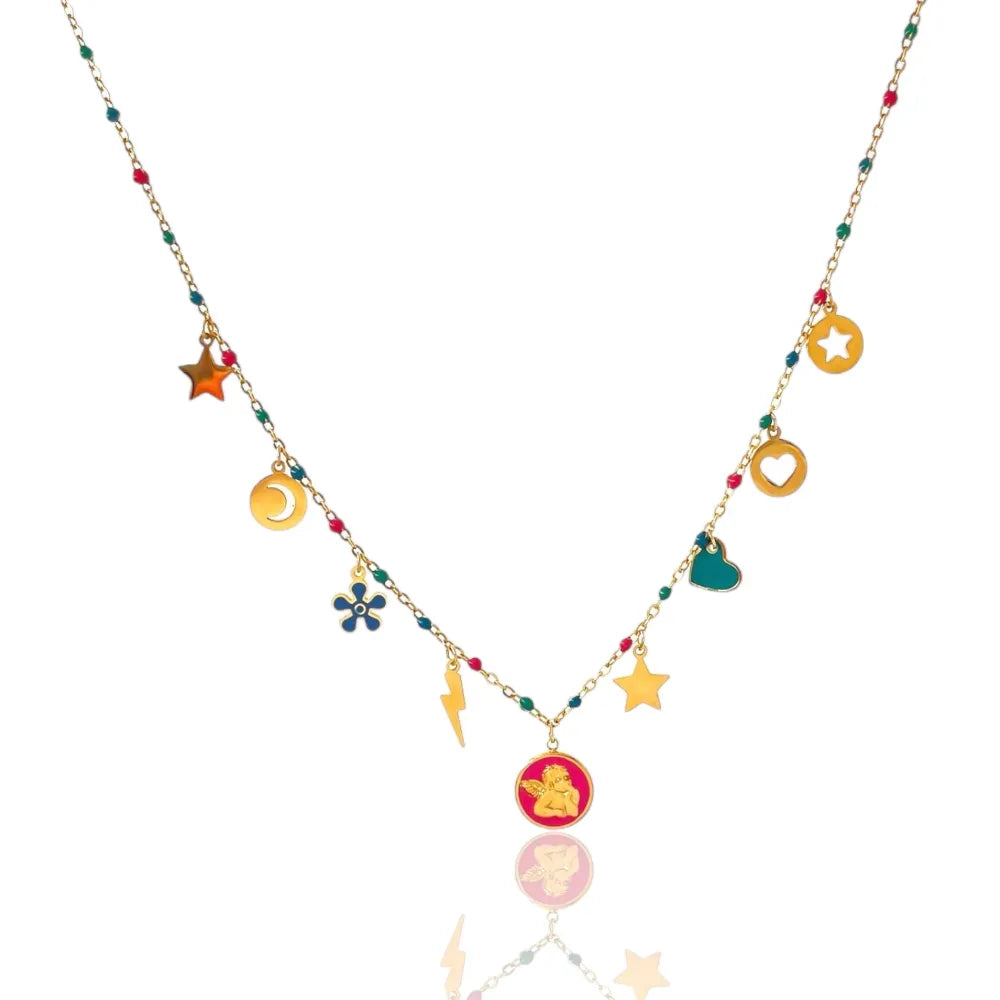 CAC-103-AA3187N Angelo Smaltato con Stella Fulmine-Collana Corta in Acciaio