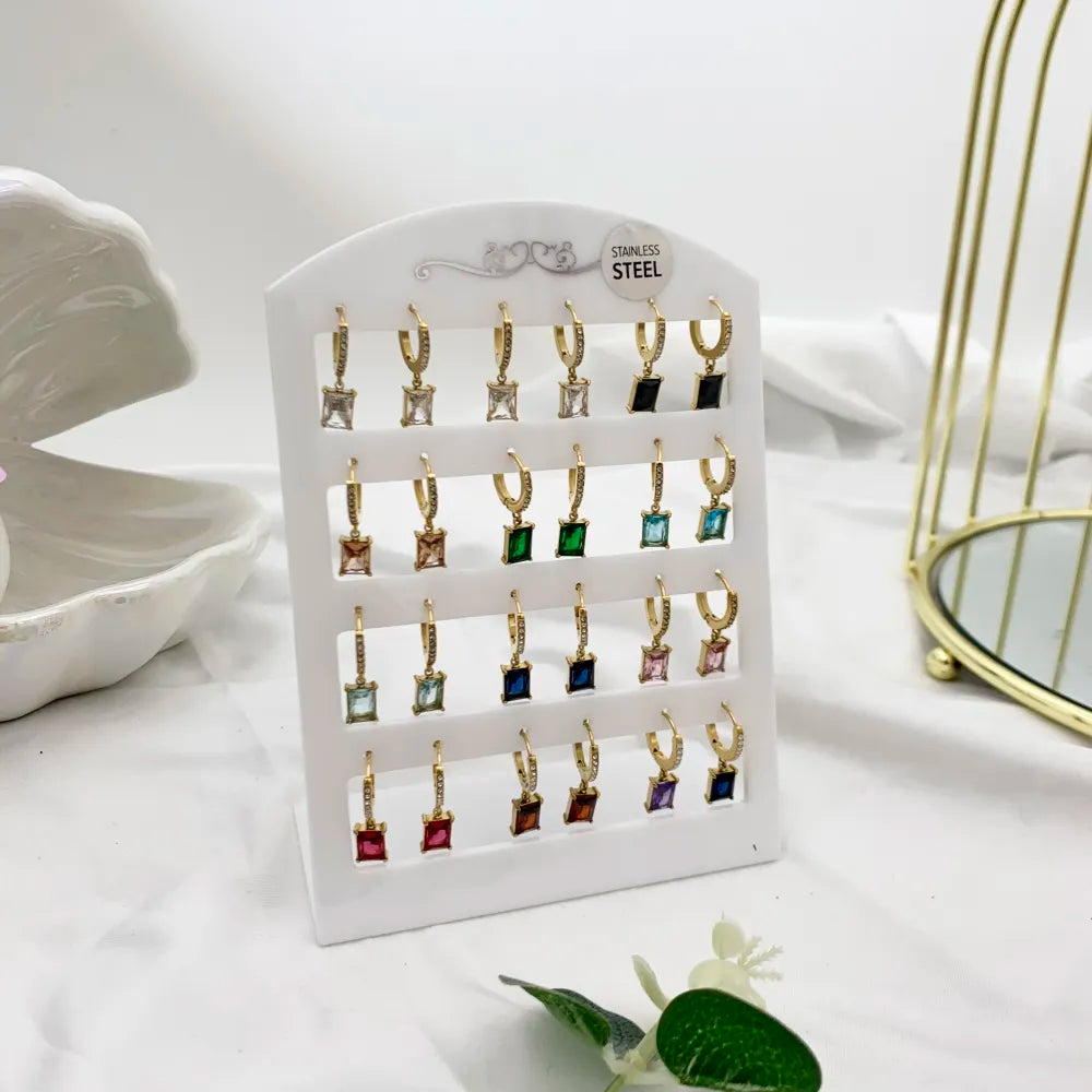 OPA-103-AA3889E Cerchio con Zirconia con Punto Luce Rettangolare-12Paia Orecchini in Acciaio
