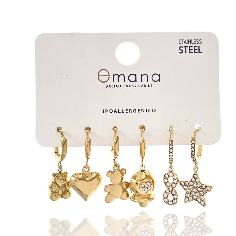 OPA-103-AA3330E Orsetto Cuore Stella - Set 6pz Orecchini in Acciaio