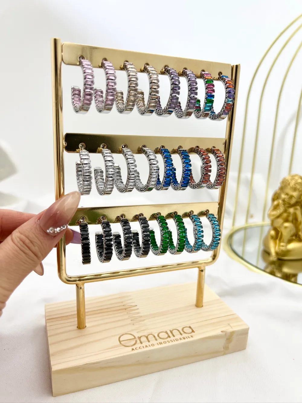 OPA-103-AA153E Cerchio con Zirconia interno e Esterno-12Paia Orecchini in Acciaio con Espositore