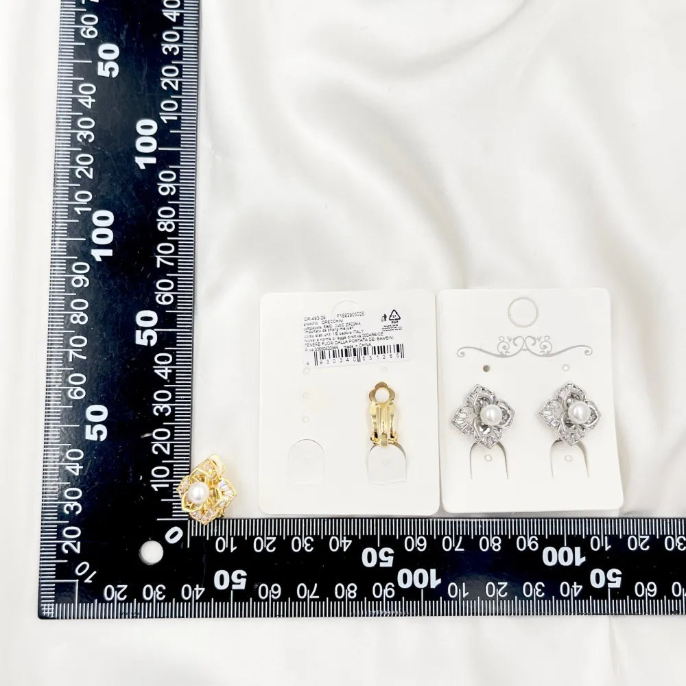 OMK-493-28 Fiore con perla-Orecchini a Clip con Zirconia
