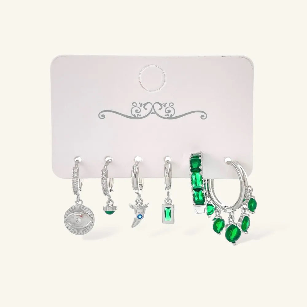 OPM-520-L42 Verde Occhio Cornino-Set Orecchini 6 Pz con Zirconia