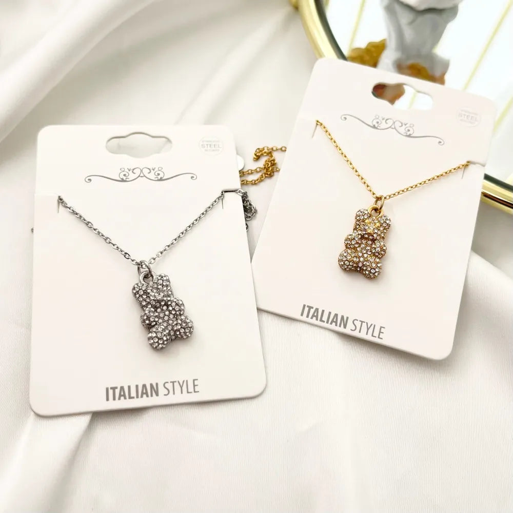 CAC-103-AA3498N Orsetto con Strass-Collana Girocollo in Acciaio