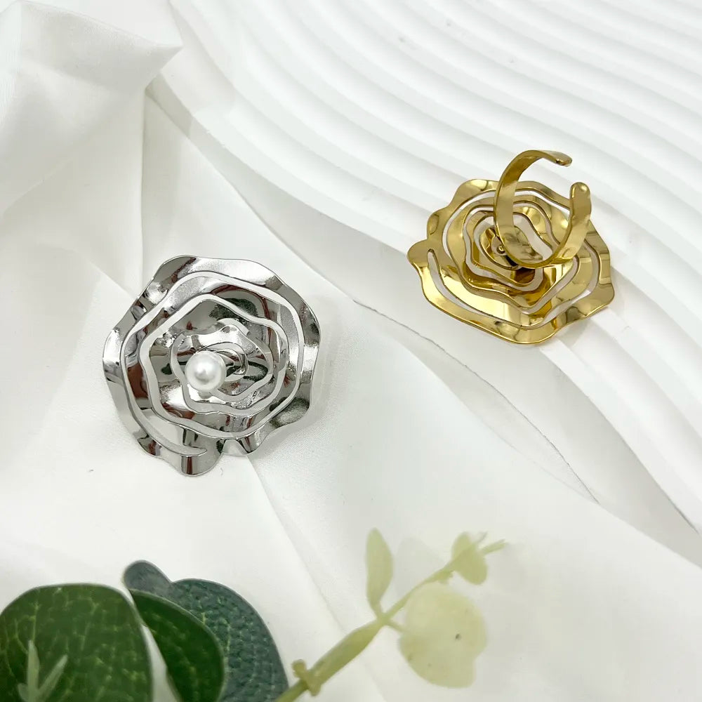 AAR-759-06 Fiore Grande con Perla-Anello Regolabile in Acciaio