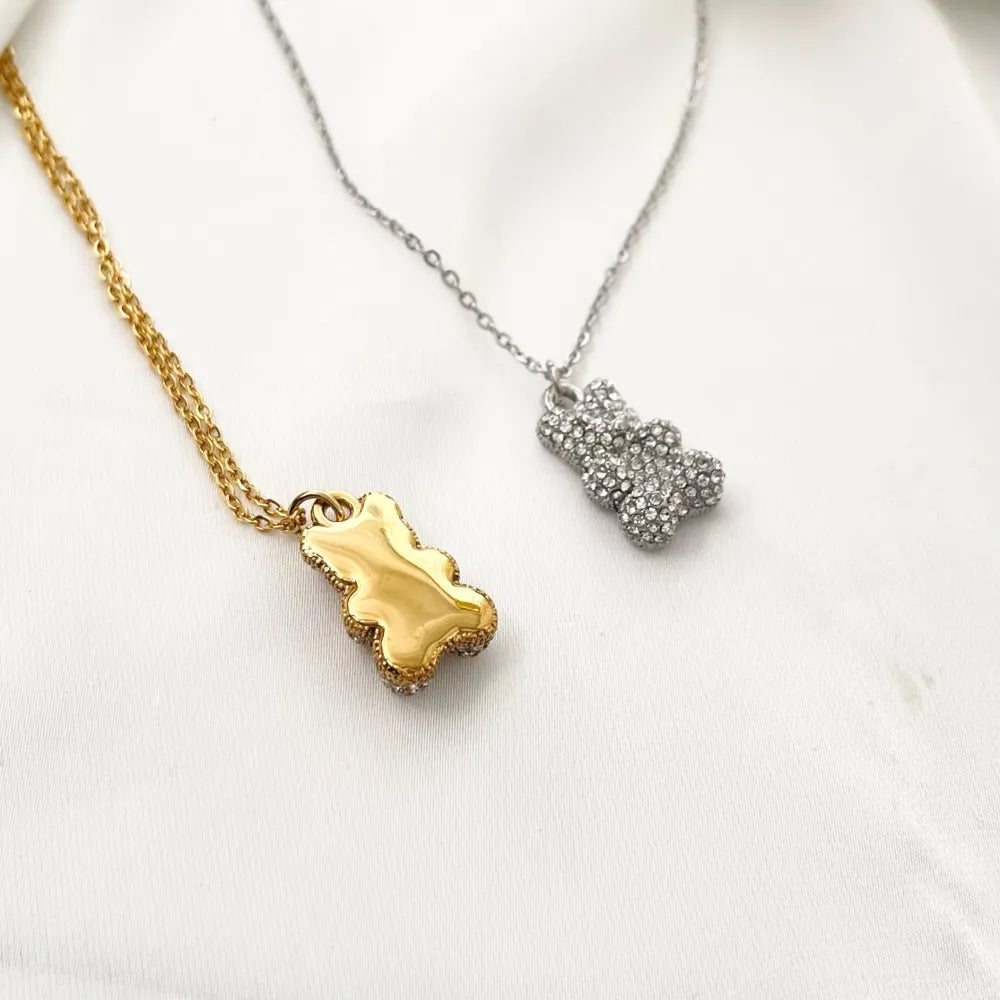 CAC-103-AA3498N Orsetto con Strass-Collana Girocollo in Acciaio