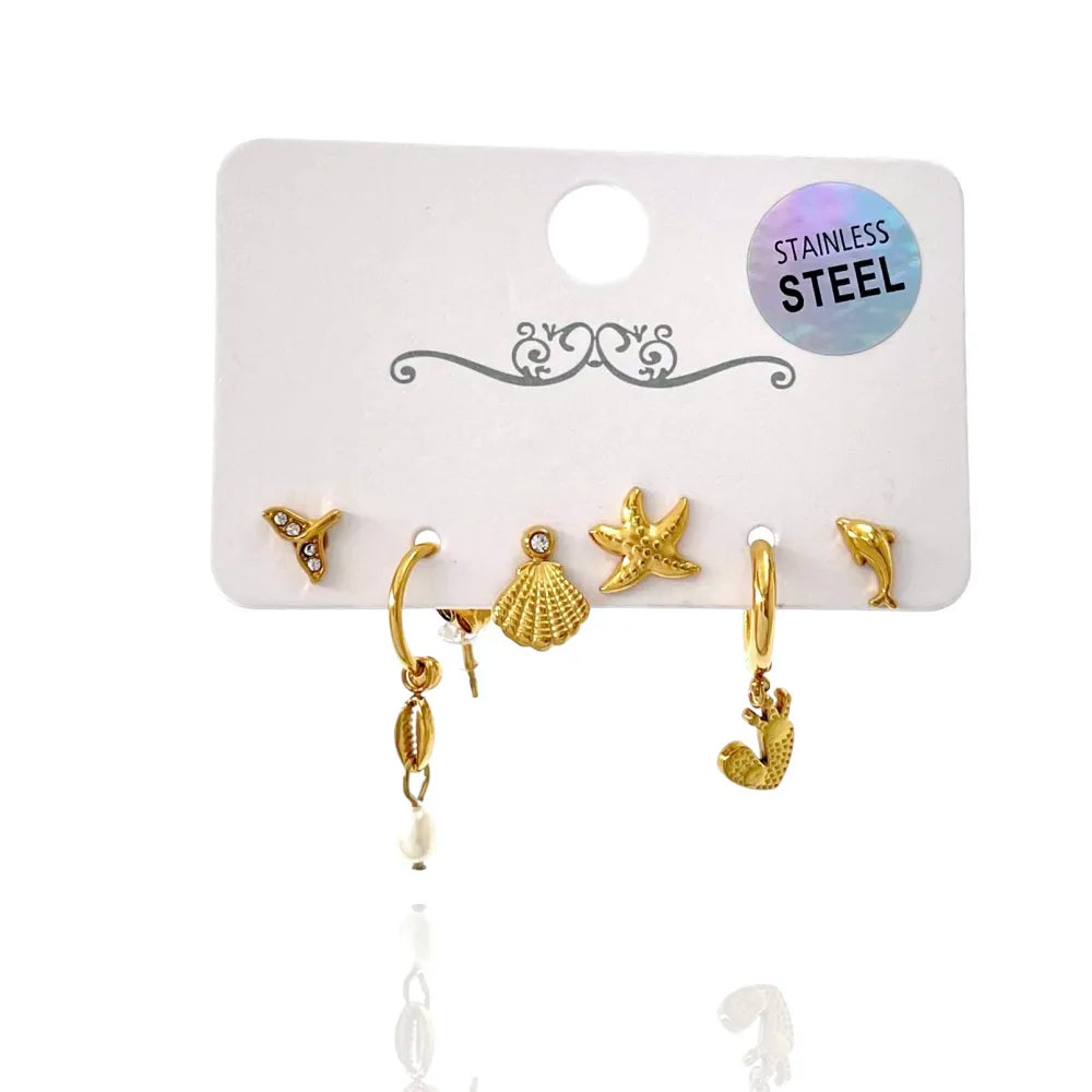 OPA-736-10 Mare Delfino Conchiglia Stella Marina-Set 6pz Orecchini in Acciaio