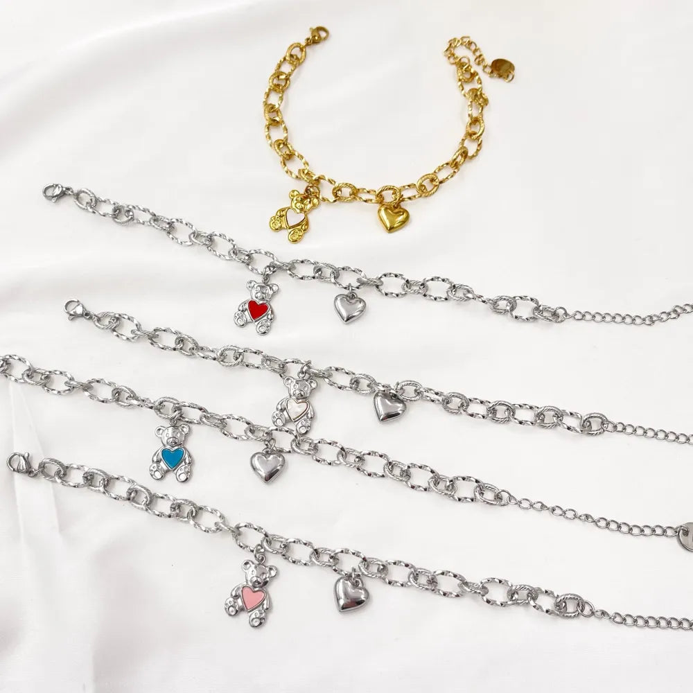 BAC-413-1919 Orsetto con Cuore Smaltato-Bracciale in Acciaio