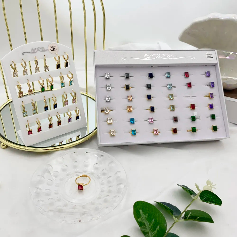 OPA-103-AA3889E Cerchio con Zirconia con Punto Luce Rettangolare-12Paia Orecchini in Acciaio