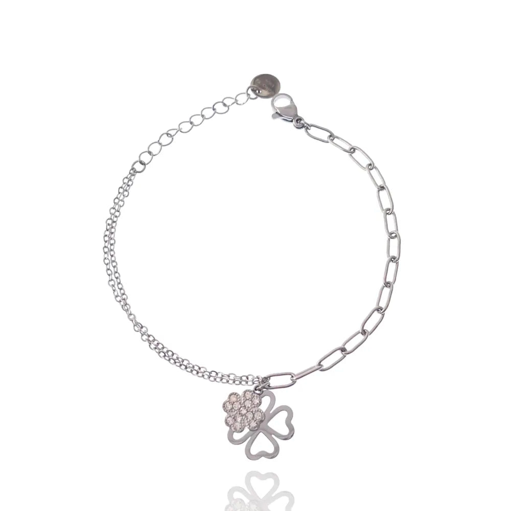 BAC-103-AA2445B Quadrifoglio-Bracciale in Acciaio con Chiusura