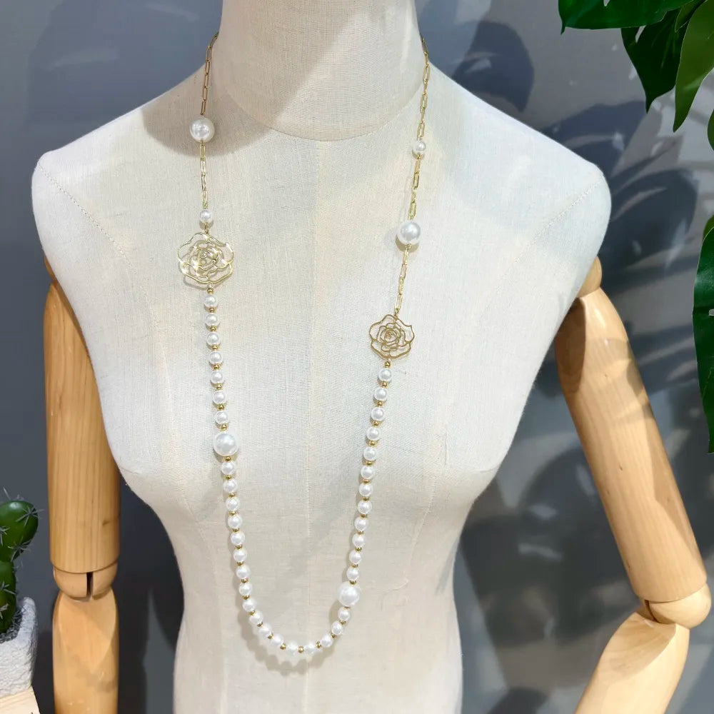 CAL-759-31 Perla con Fiore-Collana Lunga  in Acciaio