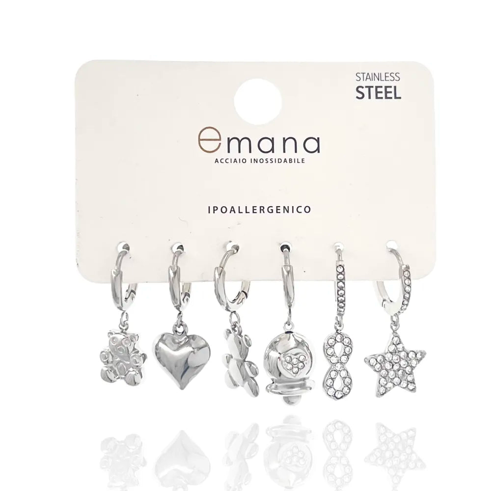 OPA-103-AA3330E Orsetto Cuore Stella - Set 6pz Orecchini in Acciaio