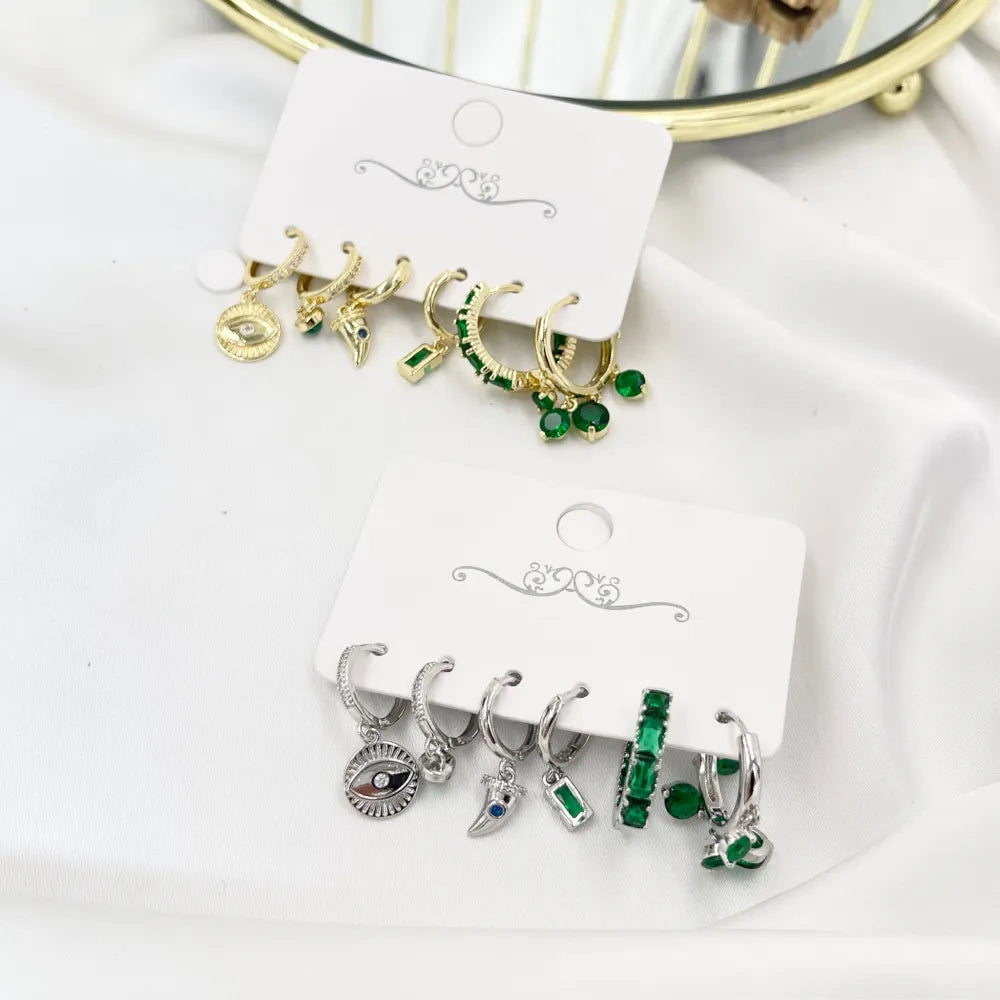 OPM-520-L42 Verde Occhio Cornino-Set Orecchini 6 Pz con Zirconia