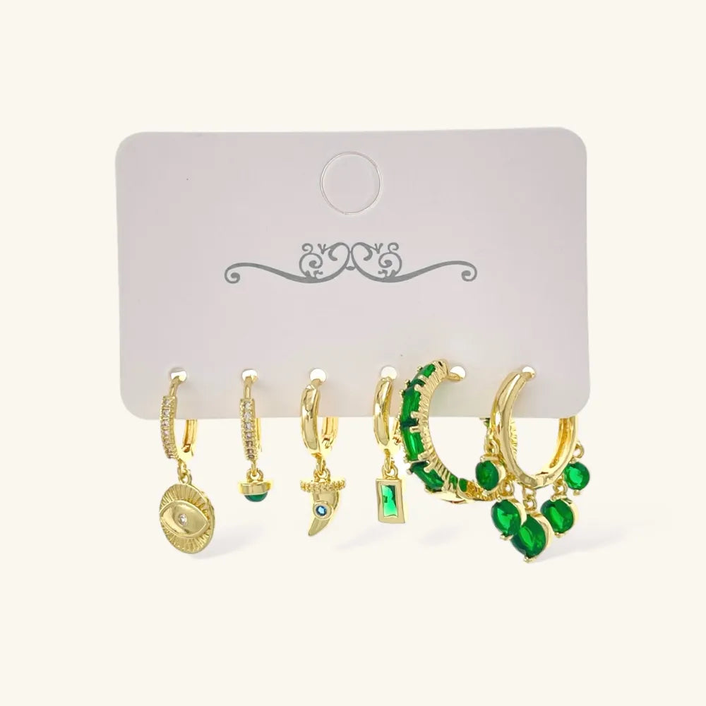 OPM-520-L42 Verde Occhio Cornino-Set Orecchini 6 Pz con Zirconia