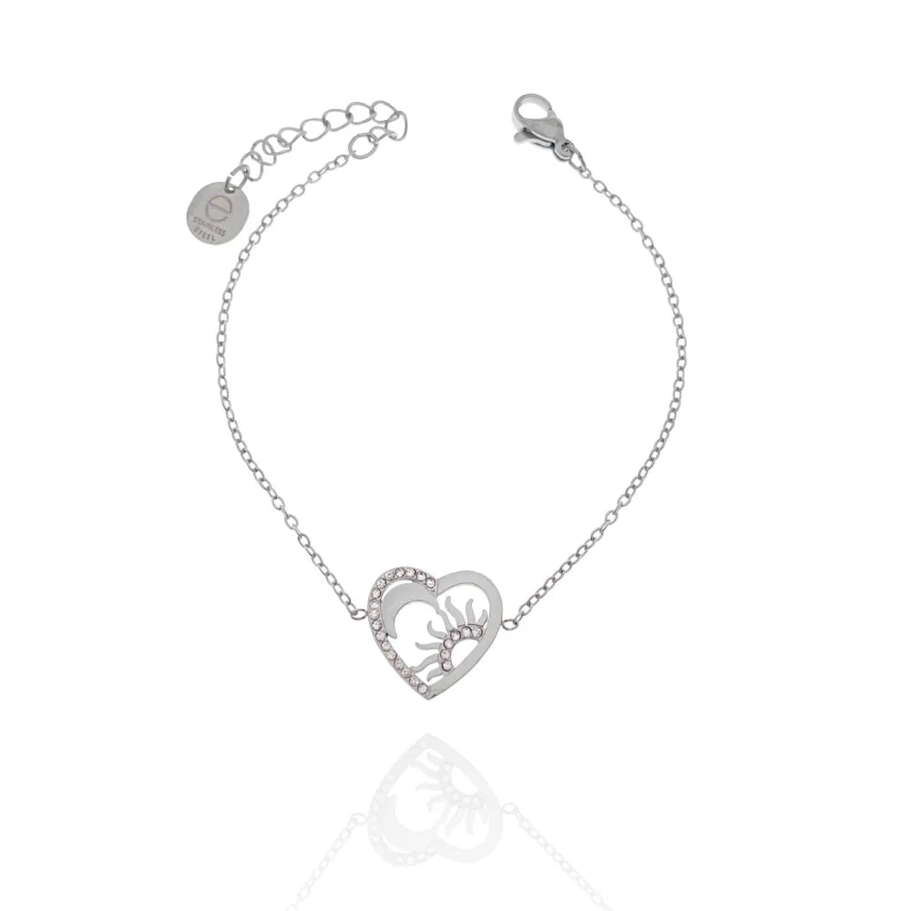 BAC-103-AA4355B Cuore con Sole e Luna-Bracciale in Acciaio