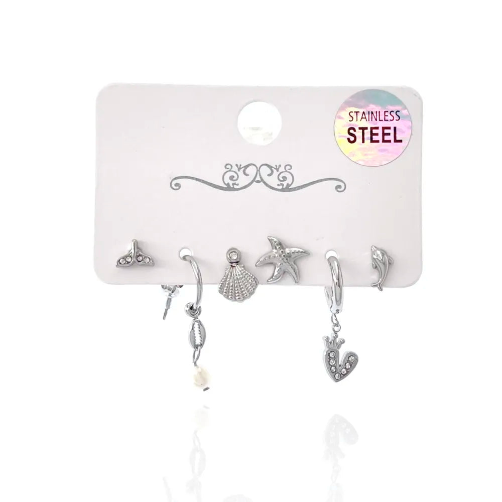 OPA-736-10 Mare Delfino Conchiglia Stella Marina-Set 6pz Orecchini in Acciaio