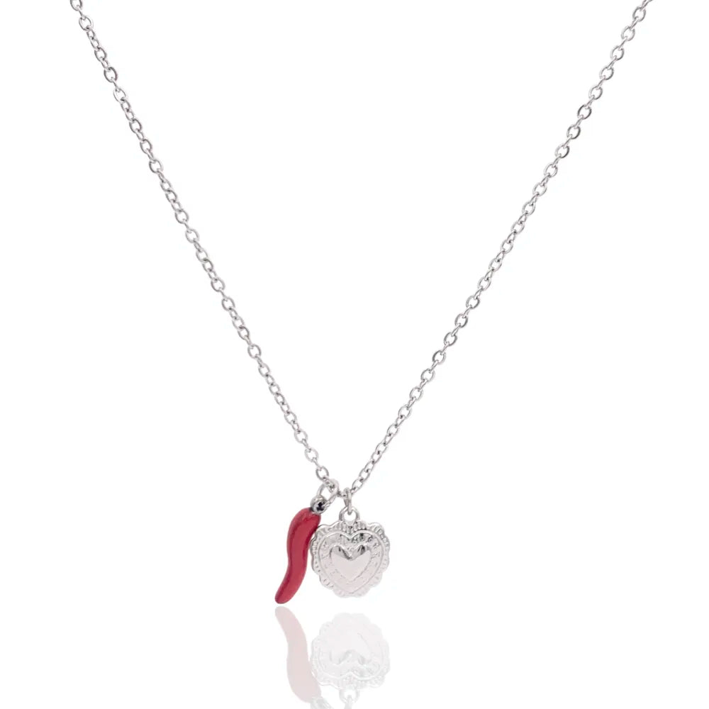 CAC-103-AA4432N Cornino Cuore- Collana Corta in Acciaio
