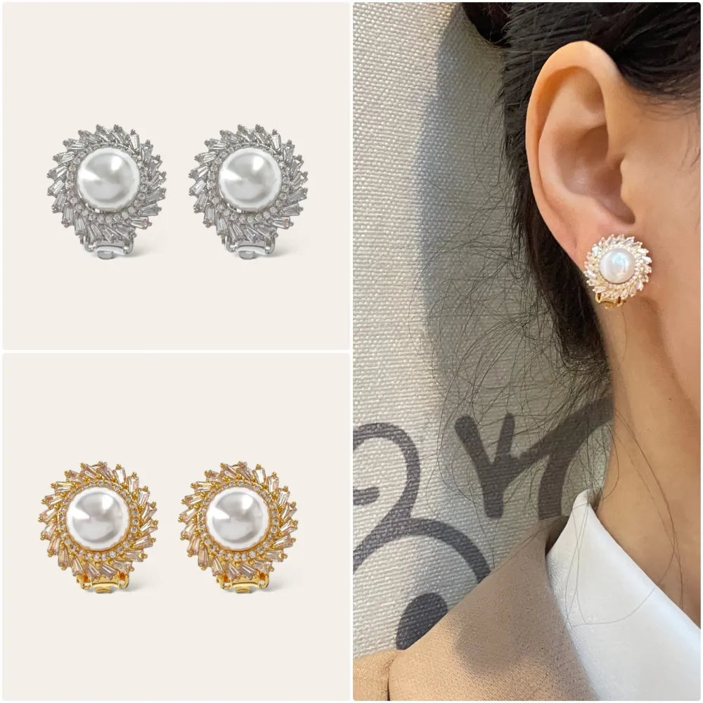 OMK-493-35 Cerchio con perla-Orecchini a Clip con Zirconia