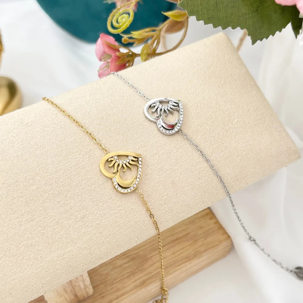 BAC-103-AA4355B Cuore con Sole e Luna-Bracciale in Acciaio