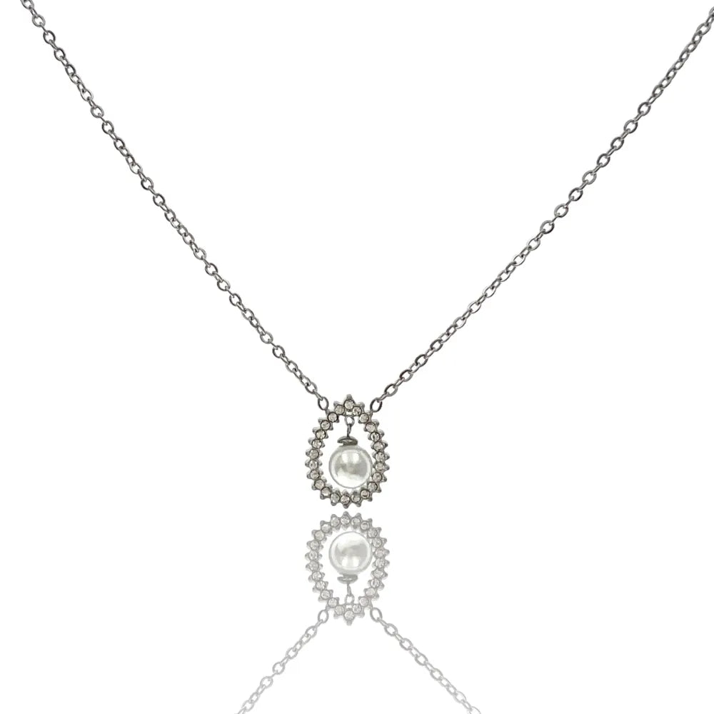 CAC-103-AA4166N Goccia con Perla -Collana Girocollo in Acciaio