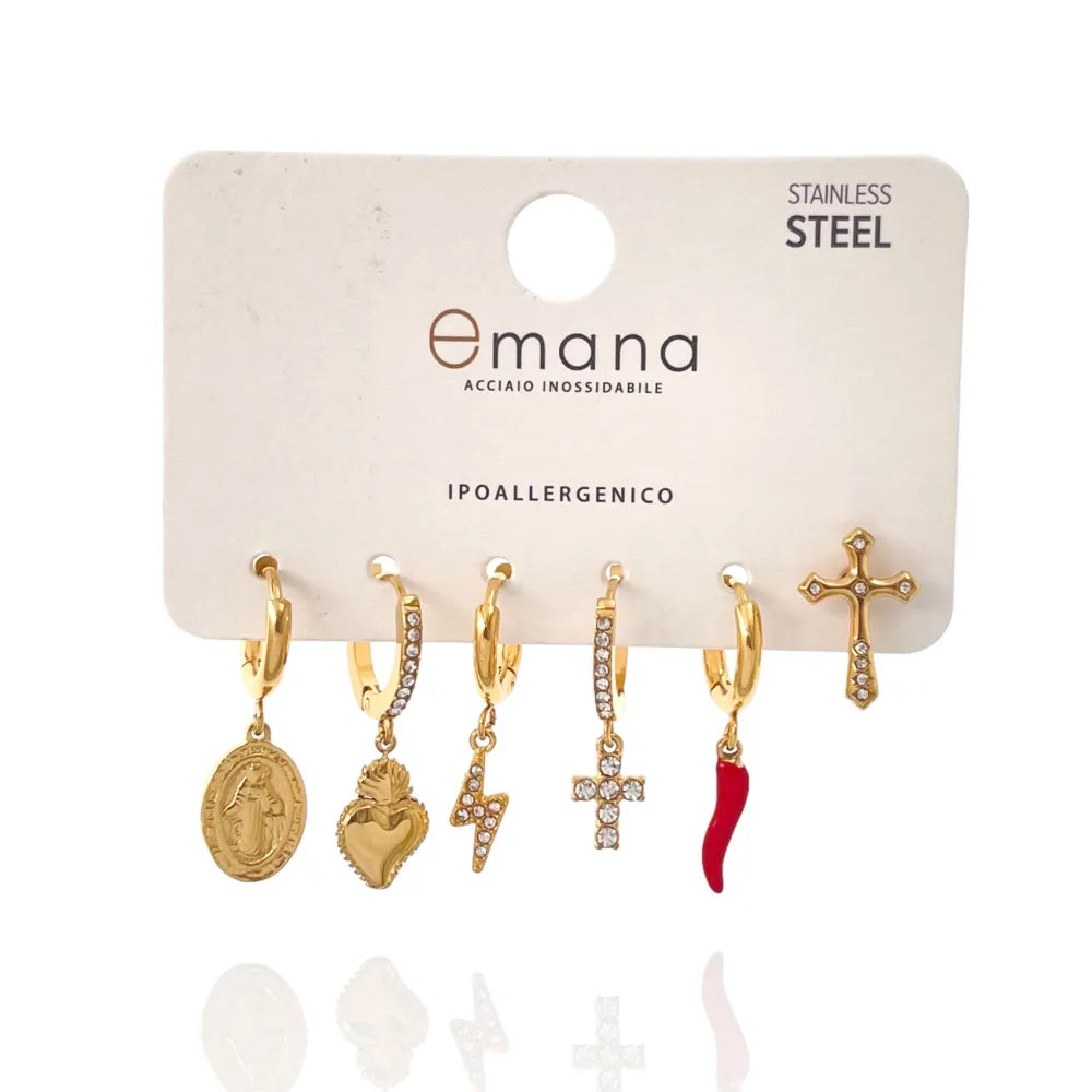 OPA-103-AA3332E Croce Sacro Cuore Cornino-Set 6pz Orecchini in Acciaio