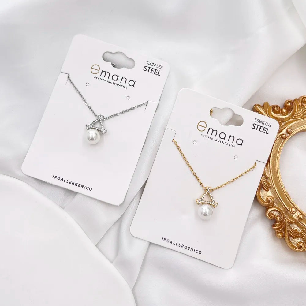 CAC-103-AA4163N Triangolo con Perla-Collana Corta in Acciaio