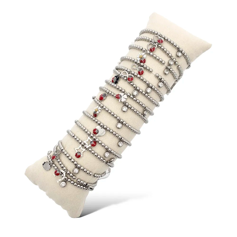 BPA-103-AA3670-3678B Mix Soggetti con Coccinella-15pz Bracciali Elastici in Acciaio