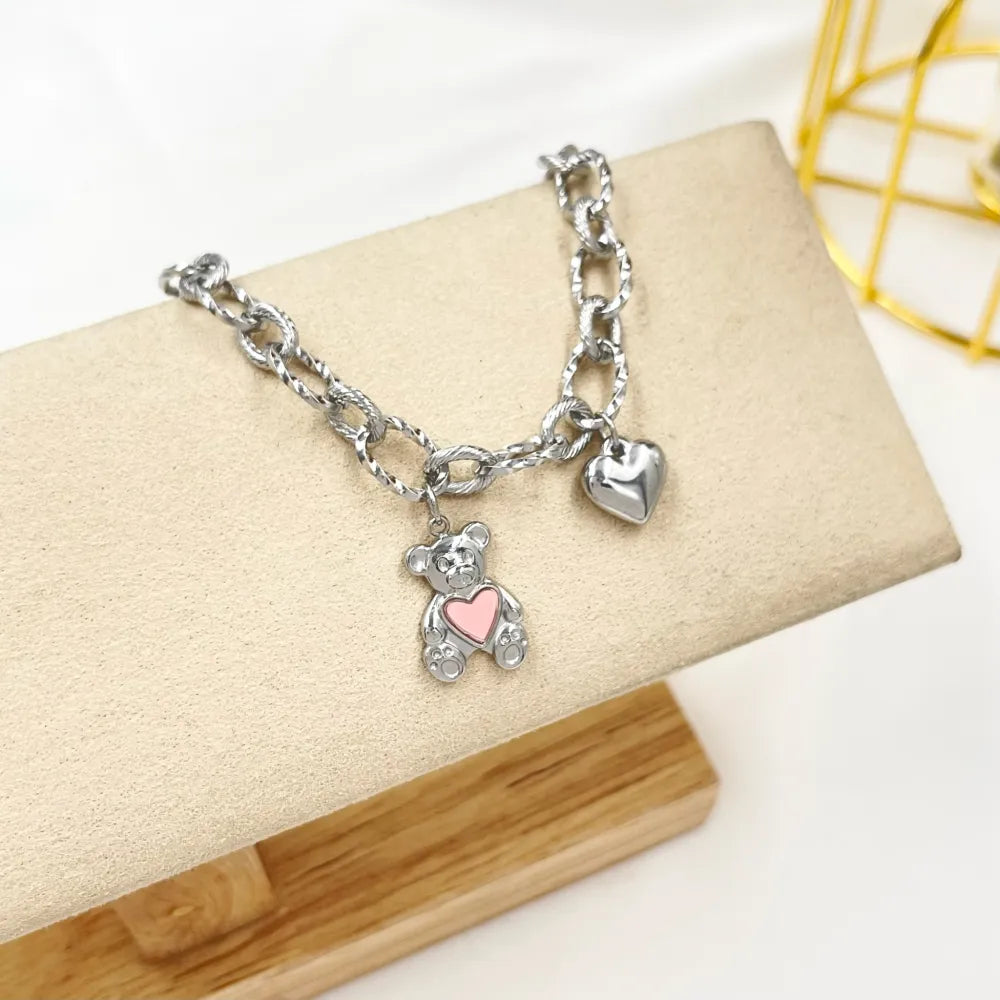 BAC-413-1919 Orsetto con Cuore Smaltato-Bracciale in Acciaio