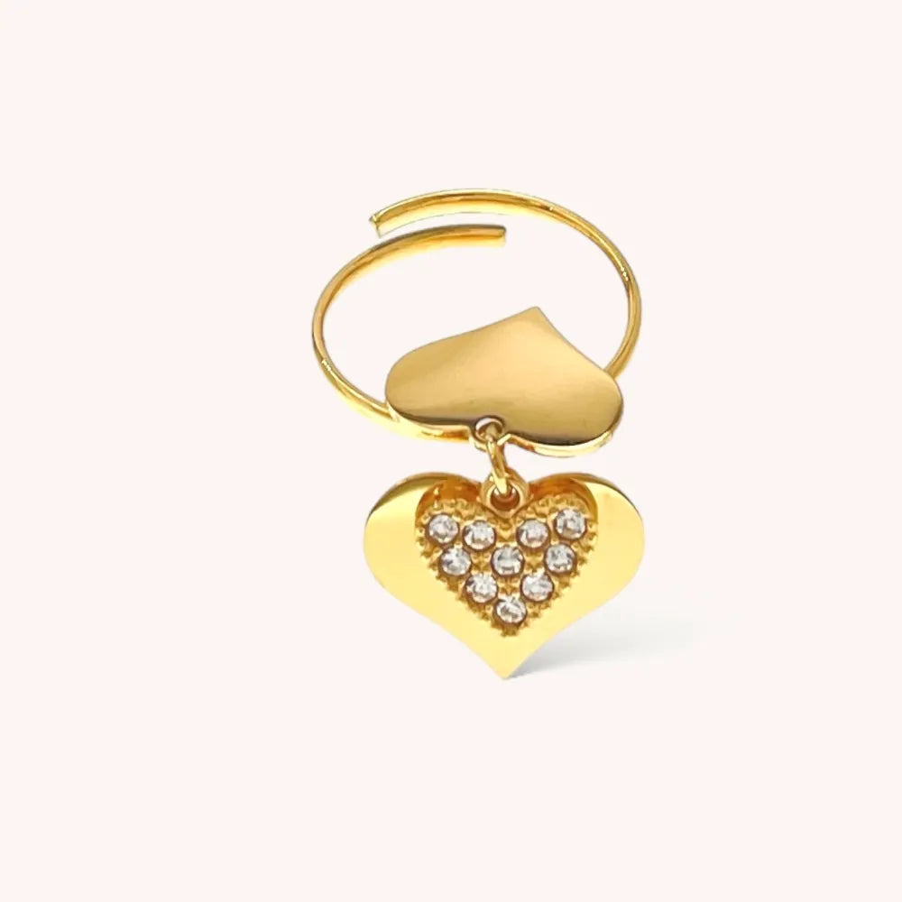 AAR-103-AA4553R Tre Cuori Pendenti con Strass-Anello Regolabile in Acciaio